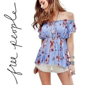 Free People Sam Peasant Babydoll Top Large Blue Floral Festival Cottagecore
